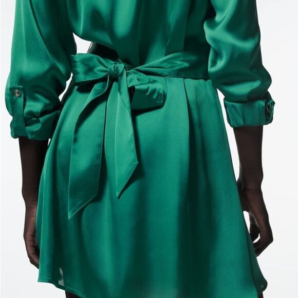 Zara Belted Satin Effect‎ Shirt Dress Green S NWT - Picture 3 of 12